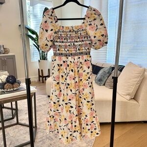 Kate Spade Lily Blooms Smocked Floral Midi Dress
